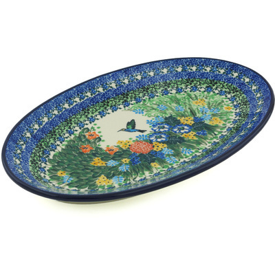 Polish Pottery Platter 15&quot; Hummingbird Meadow UNIKAT