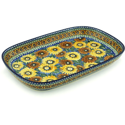 Polish Pottery Platter 16&quot; Autumn Chrysanthemums UNIKAT