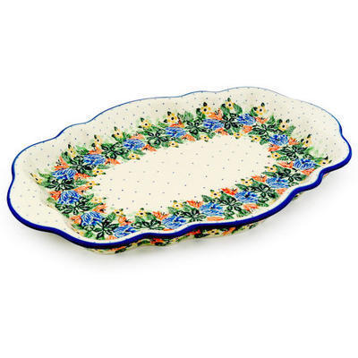 Polish Pottery Platter 16&quot; Dotted Floral Wreath UNIKAT