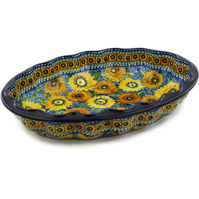 Polish Pottery Platter 17&quot; Autumn Chrysanthemums UNIKAT