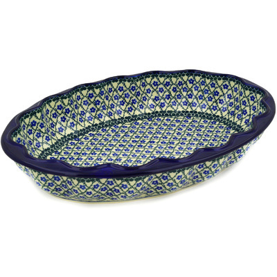 Polish Pottery Platter 17&quot; Blue Daisy Trellis