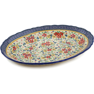 Polish Pottery Platter 17" Ruby Bouquet UNIKAT