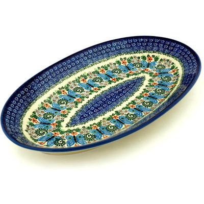 Polish Pottery Platter 18&quot; Blue Butterfly Brigade UNIKAT