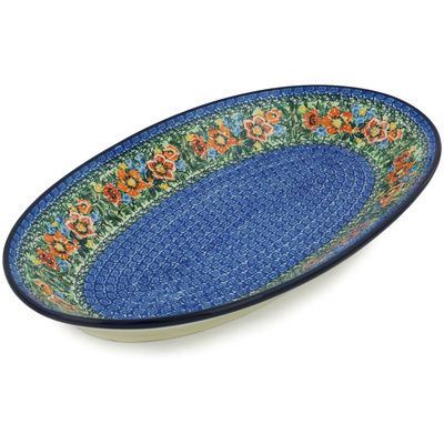 Polish Pottery Platter 18&quot; Blue Daisy Bouquet UNIKAT