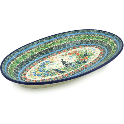 Polish Pottery Platter 18&quot; Windmill Meadow UNIKAT