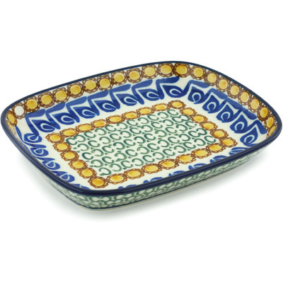Polish Pottery Platter 7&quot; Blue Leaves