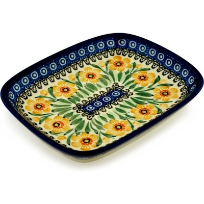 Polish Pottery Platter 7&quot; Yellow Daffodil Field UNIKAT