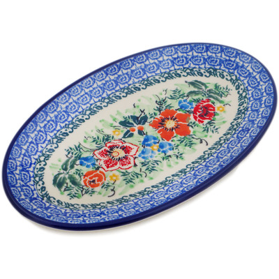 Polish Pottery Platter 8&quot; Blue Daisy Bouquet UNIKAT