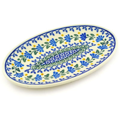Polish Pottery Platter 8&quot; Blue Fan Flowers