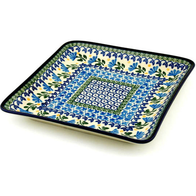 Polish Pottery Platter 8&quot; Blue Fan Flowers