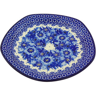 Polish Pottery Platter 8&quot; Blue Poppy Wreath UNIKAT