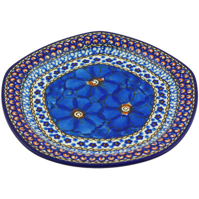 Polish Pottery Platter 8&quot; Cobalt Poppies UNIKAT