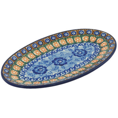 Polish Pottery Platter 8&quot; Dancing Blue Poppies UNIKAT