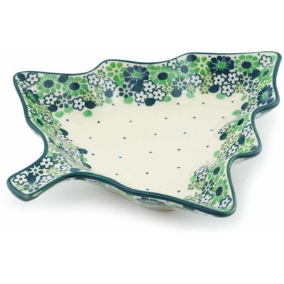 Polish Pottery Platter 8&quot; Green Flower Field UNIKAT