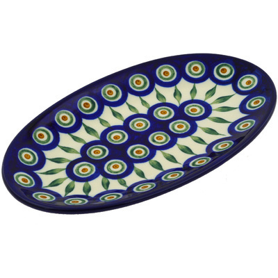Polish Pottery Platter 8&quot; Peacock Leaves