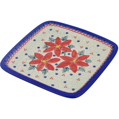 Polish Pottery Platter 8&quot; Poinsettia UNIKAT