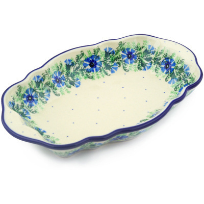 Polish Pottery Platter 9&quot; Blue Bell Wreath