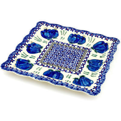 Polish Pottery Platter 9&quot; Blue Bulbs