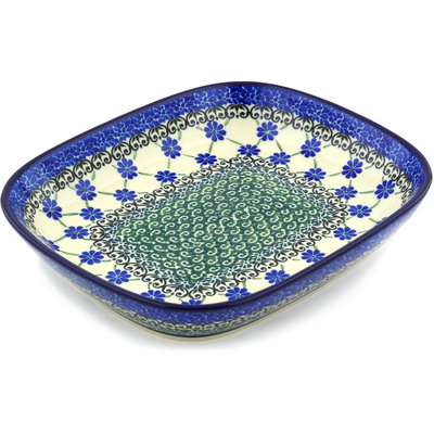 Polish Pottery Platter 9&quot; Blue Daisies