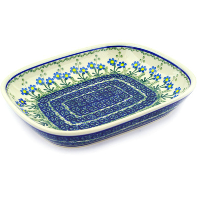 Polish Pottery Platter 9&quot; Blue Daisy Circle