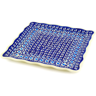 Polish Pottery Platter 9&quot; Blue Diamond