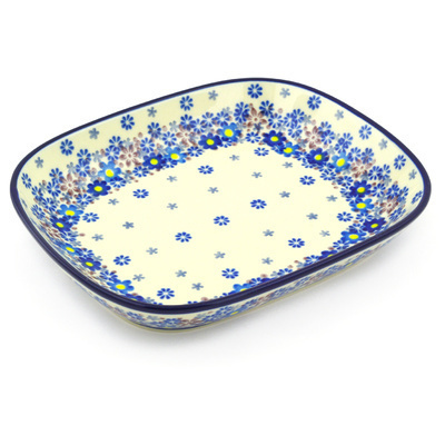 Polish Pottery Platter 9&quot; Blue Flower Crown