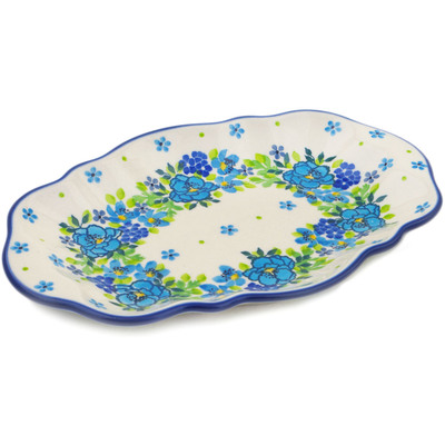 Polish Pottery Platter 9&quot; Blue Kissed Petals UNIKAT