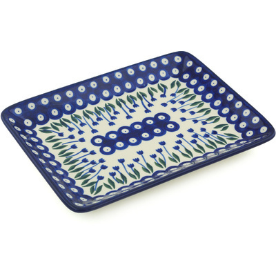 Polish Pottery Platter 9&quot; Blue Tulip Peacock