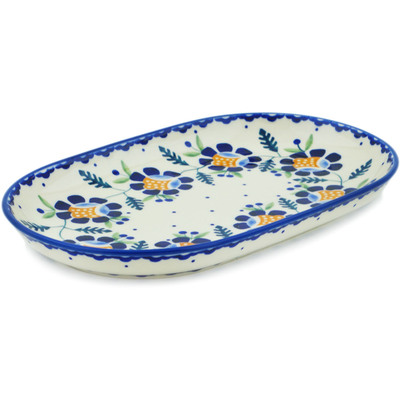 Polish Pottery Platter 9&quot; Orange And Blue Flower