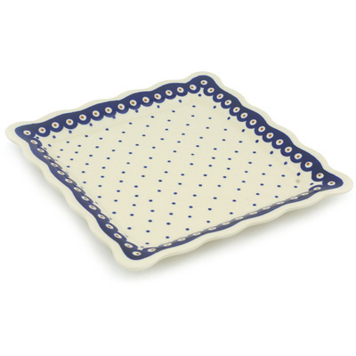 Polish Pottery Platter 9&quot; Peacock Dots