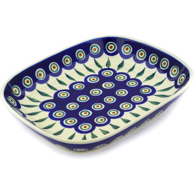 Polish Pottery Platter 9&quot; Peacock Leaves