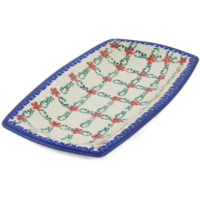 Polish Pottery Platter 9&quot; Red Flower Lattice