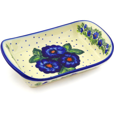Polish Pottery Platter with Handles 10&quot; Bold Blue Pansy