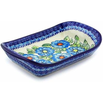 Polish Pottery Platter with Handles 10&quot; Bold Blue Poppies UNIKAT