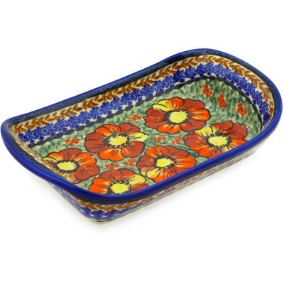 Polish Pottery Platter with Handles 10&quot; Bold Poppies UNIKAT