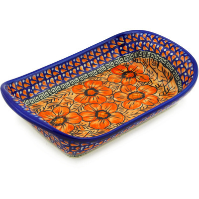 Polish Pottery Platter with Handles 10&quot; Fire Poppies UNIKAT
