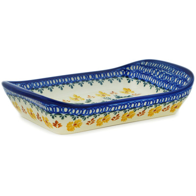 Polish Pottery Platter with Handles 10&quot; Golden Flower Garden