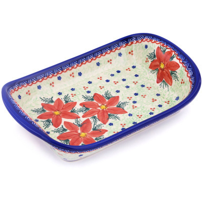 Polish Pottery Platter with Handles 10&quot; Poinsettia UNIKAT