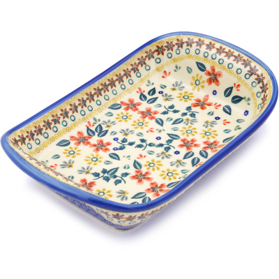Polish Pottery Platter with Handles 10&quot; Red Anemone Meadow UNIKAT
