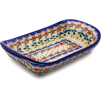 Polish Pottery Platter with Handles 10&quot; Red Sunflower