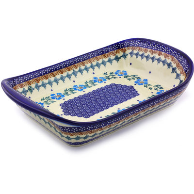 Polish Pottery Platter with Handles 11&quot; Blue Cornflower
