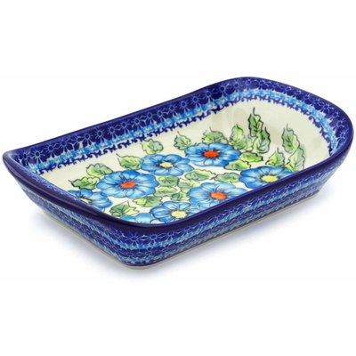 Polish Pottery Platter with Handles 11&quot; Bold Blue Poppies UNIKAT