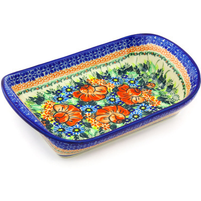 Polish Pottery Platter with Handles 11&quot; Bold Poppies UNIKAT