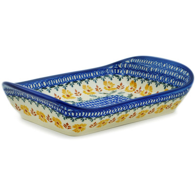 Polish Pottery Platter with Handles 11&quot; Golden Flower Garden