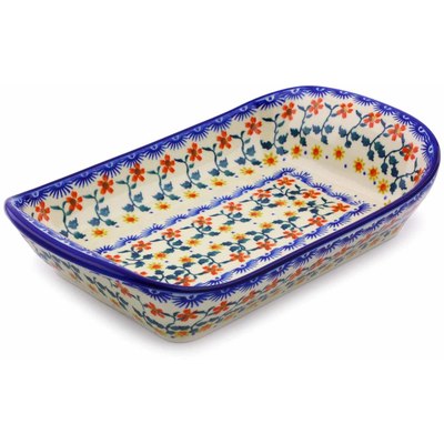 Polish Pottery Platter with Handles 11&quot; Red Sunflower