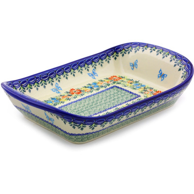 Polish Pottery Platter with Handles 11&quot; Ring Of Flowers UNIKAT