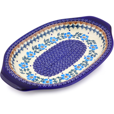 Polish Pottery Platter with Handles 12&quot; Blue Cornflower