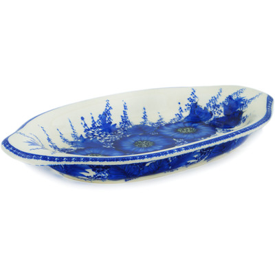 Polish Pottery Platter with Handles 12&quot; Blue Poppy Dream