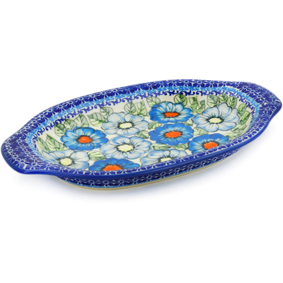 Polish Pottery Platter with Handles 12&quot; Bold Blue Poppies UNIKAT