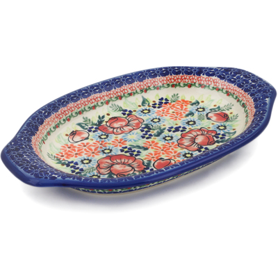Polish Pottery Platter with Handles 12&quot; Bold Poppies UNIKAT